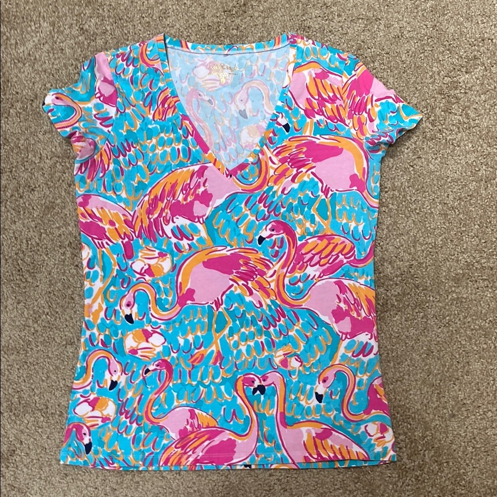 Lilly Pulitzer Flamingo Print Tee in Pink and Blue